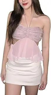 [Best Rose] Glitter Babydoll Top Sheer Halter Ruched Twist Front Cut Out Backless Ruffle Sleeveless Summer Casual Top
