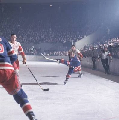 Hockey New York Rangers Reggie Fleming in action taking shot vs De- Old Photo