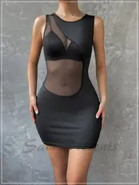 在飛比找Yahoo!奇摩拍賣優惠-洋裝 性感帥氣黑色網紗拼接拼接緊身洋裝不附胸罩部分透視夜店派
