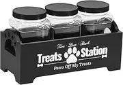 Wood Dog Treat Container With 3 Plastic Jars - Rustic Food Storage Organizer for Dogs and Cats (Black)