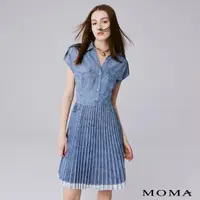在飛比找momo購物網優惠-【MOMA】休閒仿真牛仔壓褶洋裝(淺藍色)