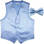 New formal men's tuxedo vest waistcoat & bowtie horizontal stripes light blue