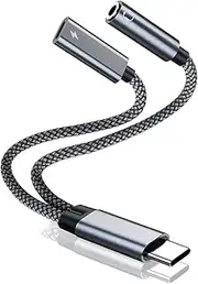 USB C to 3.5mm Headphone and Charger Adapter, 2 in 1 USB C to 3.5mm Headphone Jack Hi-Fi DAC with USB C Fast Charging Dongle Cord Compatible Galaxy S21/S21+/S20/Note 10, Pixel 5/4/4XL/3/3XL (Grey)