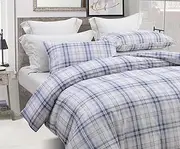 SLEEPBELLA Blue White Plaid Duvet Cover Set, 100% Cotton Bedding, Buffalo Grid Geometric Checker Pattern, with Button Closure (3pcs, King Size)
