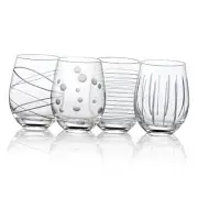 Joeyan Hand Blown Etched Stemless Wine Glasses with Dots Strips Pattern for
