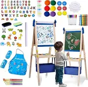 2-in-1 Double Sided Kid's Easel, Height-Adjustable Art Easel for Boys and Girls Ages 3-10, Including 100+ Accessories with Magnetic Chalkboard & Painting Board, Toddler Gifts (Blue)