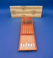 Set Of 6 MCM Westwood Wood Fondue Forks Color Coded Tips Box Japan 1971 10.5"