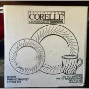 Vintage CORELLE Dinnerware 3 Piece Set White Swirl Plates & Mug | New Old Stock