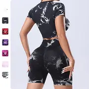 Women's 2 Pieces Workout Sets Shorts and Crop Top Tie Dye Clothing Suit Black Pink Gym Workout High Waist Stretchy Breathable Short Sleeve Sport Activewear Sli