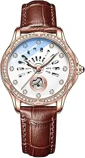 [BESTKANG] Mechanical Automatic Self-Winding Watch for Women Diamond Self Winding Fashion Luminous Elegant Dress Leather Strap Wrist Watch
