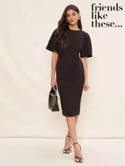 Friends Like These Black Flutter Sleeve Knot Waist Detail Midi Tailored Dress (AN3122) | $102