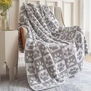 FELENIW Buffalo Plaid Checkered Knit Throw Blanket Cat Dog Paw Pattern Knitted Soft Lightweight Cozy Warm Microfiber Throw for Adult Kids Pet Cat Dog Couch Bed Sofa 50x60 Inches (Grey)