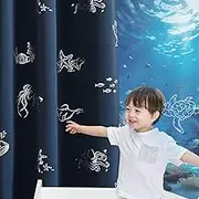 Vangao Kids Blackout Curtain Ocean Turtle Navy Blue Curtains 84 Inches Long for Boys Nursery Bedroom Silver Foil Animal Print Sea Whale Back Tab Thermal Insulated Drapes Window Treatment, 2 Panels