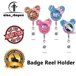 BLING GLITTER BADGE REEL HOLDER 可伸縮可愛手工卡通鼠標形 ID 名片夾帶鱷魚夾適用於工作