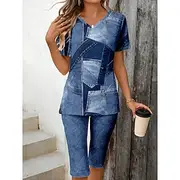 Women's Fashion Stylish T Shirt Shorts Sets Short Sleeve V Neck Graphic Geometric 3D Patchwork Print Casual Daily Black Ink Blue Light Blue Summer Regular Fit