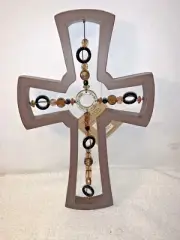 DEMDACO Walnut Beaded CROSS By MARK DAVIES 2009 religious wall decor NOS NWT