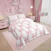 Erosebridal Ribbon Bow Bedding Set for Kids Girls Teen Women,Pink Girly Bowknot Bedding Comforter Sets Full Cute Fantasy Princess Comforter Set Kawaii Bow Tie Bed Duvet Set 2 Pillow Cases