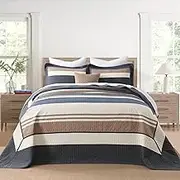 FineStichery Cotton King Bedspread 128"x120" - Oversized Quilt Set with Pillow Shams, Lightweight Dark Blue and Brown Striped Bed Spread Coverlet, Modern Quilted Reversible Bedding Cover