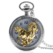 Analog Exquisite Running Golden Horse Quartz Pocket Watch Silver Necklace Chain