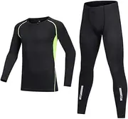 [BUYKUD] Kids' Boys Fleece Warm Thermal Underwear Long Sleeve Base Layer Compression Athletic Shirt Tights Top & Bottom Set Unisex