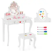 Giantex 2-in-1 Kids Dressing Table Stool Set Rotatable Mirror Makeup Table Cute Patterns w/3 Drawer & Whiteboard & 4 Markers