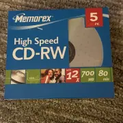 CD High Speed Memorex 5 pack CD-RW Discs 12X 700Mb 80min Blank NEW W/cases