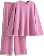 [HEYDHSDC] Women O-Neck Homewear Warm Suits Loose Sweater Tops+High Waist Wide Legs Long Pants