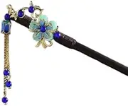 Blue Chinese Hair Stick Retro Wooden Hairpin Flower Hair Chopsticks Vintage Tassel Hair Stick Wedding Party Hairpins Hair Accessories (Blue, One Size)