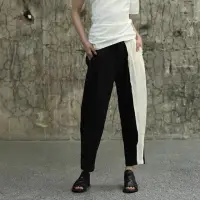 在飛比找momo購物網優惠-【設計所在】個性設計風 山本耀司黑白拼色夏季中性麻料九分褲/