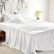 Wake In Cloud - 100% Bamboo Sheets, Ultra Soft Sheet Set Bedding for Hot Sleepers, Deep Pocket, 4 Pieces, White, King Single Size