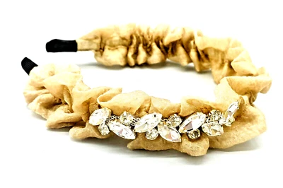 Gold Shimmer Ruched Fabric Headband Fascinator Diamantes on one side of headband
