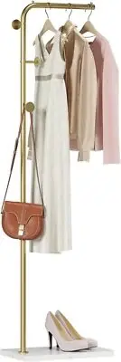 HOMEFORT Metal Coat Rack with 4 Hooks and Stable Single Pole, Gold/White
