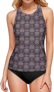 [Joisal] High Neck Tankini, Bathing Suit with Built in Bra, Boho Swimsuit Tops for Women, Small