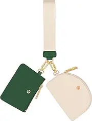 [Hovmwey] Keychain Wallet, Detachable Dual Pouch Wristlet Wallets for Women Men, Portable Mini Zip Around Small Wallet Coin Purse (Dark Green+White), Dark Green+White, Detachable Dual Pouch Wristlet