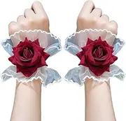 [HONGCAUP] Gothic Rose Lace Gloves Lolita Hand Sleeve White Lace Elastic Bracelet Wine Red Flower Wrist Cuff Dress Accessories for Women Girls Wedding Halloween Prom Masquerade Party Clothing, White
