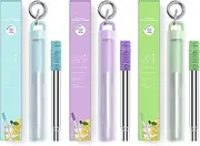 LOIVFET Metal Straws 3 Pack Reusable Collapsible Stainless Steel Straw Portable Telescopic Straws Drinking Easy to Clean with Silicone Tips,Travel Case,Keychain,Cleaner Brush(Green & Blue & Purple)
