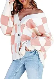 [Generic] Womens Plaid V Neck Button Down Cardigan Long Sleeve Cable Knit Sweaters Tops Loose Fall Trendy Coats Outwear