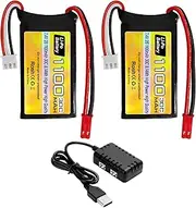 2PCS 7.4V 2S 30C 1100mAh Rechargeable Lipo Battery with JST Plug for WLtoys A949 A959 A969 A979 RC Cars Compatible with Most 1/10, 1/16, 1/18, 1/24 Ratios RC Car Trucks, with 1to2 Charger