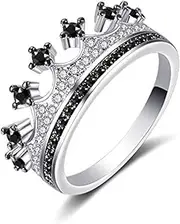 [Uloveido] Platinum Plated Black White CZ Princess Crown Tiara Ring Wedding Promise Jewelry for Women Y983