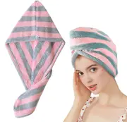 Fast Dry Microfibre Hair Towel Drying Turban Bath Wrap Hat Spa Cap Grey/Pink