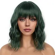 Dark Green Short Bob Wigs with Bangs for Women Loose Wavy Wig Curly Wavy Shoulder Length Bob Synthetic Cosplay Wig for Girl Colorful Costume Wigs St.Patrick's