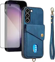 [Asuwish] Phone Case for Samsung Galaxy S23 5G Wallet Cover with Tempered Glass Screen Protector and Wrist Strap Credit Card Holder Slot Stand Leather Cell S 23 23S GS23 G5 SM-S911U 6.1 inch Women Blue