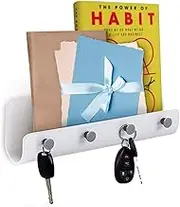 Self-Adhesive Wall Mount Mail Letter Holder with 4 Key Hooks Organizer ~ Holds Car/House Keys, Leashes, Mails, Phones (White)
