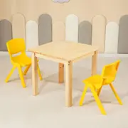 60CM Square Wooden Kids Table and 2 Yellow Chairs Childrens Desk Pinewood Natural