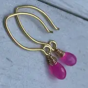 Min Favorit Hot Pink Chalcedony Briolette Beads & Gold Pl Artisan Earrings
