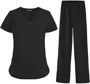 [kowaku] Women Scrubs Set Scrubs Top and Drawstring Pants Work suits Female Stretch Nursing Uniforms for Operating Room Pet Groomer