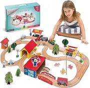 Wooden Train Tracks Set for Kids, Toddler Boys and Girls 3, 4, 5 Years Old and Up - 69 Pieces – Premium Wood Construction Toys - Fits Thomas, Brio, IKEA, Imaginarium, Melissa and Doug