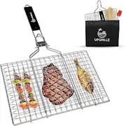 Portable BBQ Fish Grill Basket for Outdoor Grill, Rustproof 430 Stainless Steel with Detachable and Foldable Handle Includes 50 Bamboo skewers, basting Brush, and Carry Bag (Pack of 1)
