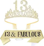 Hapdoo 13th Birthday Decorations for Girls, Gold 13th Birthday Decorations Set - 13th Birthday Crown and Sash Happy 13th Birthday Gifts for girls, 13th Birthday Tiara for Her