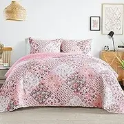 Whale Flotilla Reversible Patchwork Quilts Full Queen Size, Lightweight Boho Printed Bedspreads Coverlets Quilt Bedding Set with 2 Pillow Shams for All Seasons, Pink